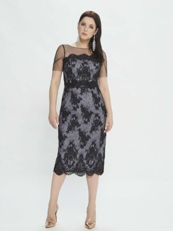 Cocktail dress with illusion sleeves and lace applique