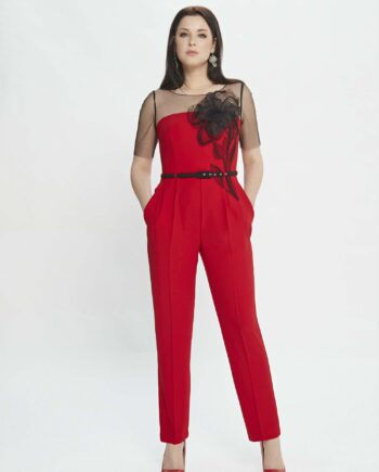 Jumpsuit with illusion sleeves and floral applique