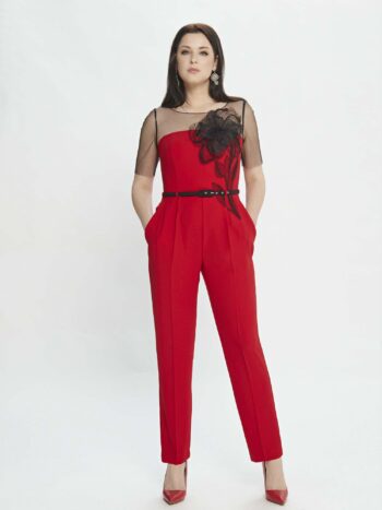 Jumpsuit with illusion sleeves and floral applique