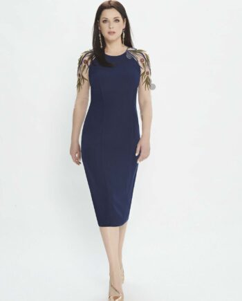 Sheath dress with high neckline and embroidered sleeves