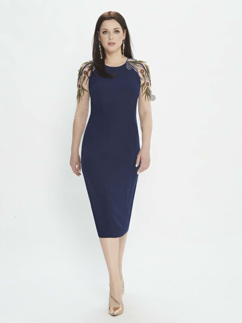 Sheath dress with high neckline and embroidered sleeves