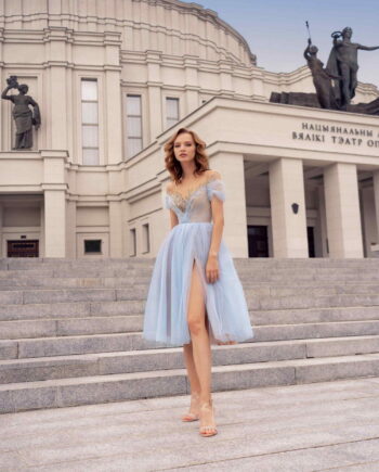 Gown with floral embroidery and slit up the leg