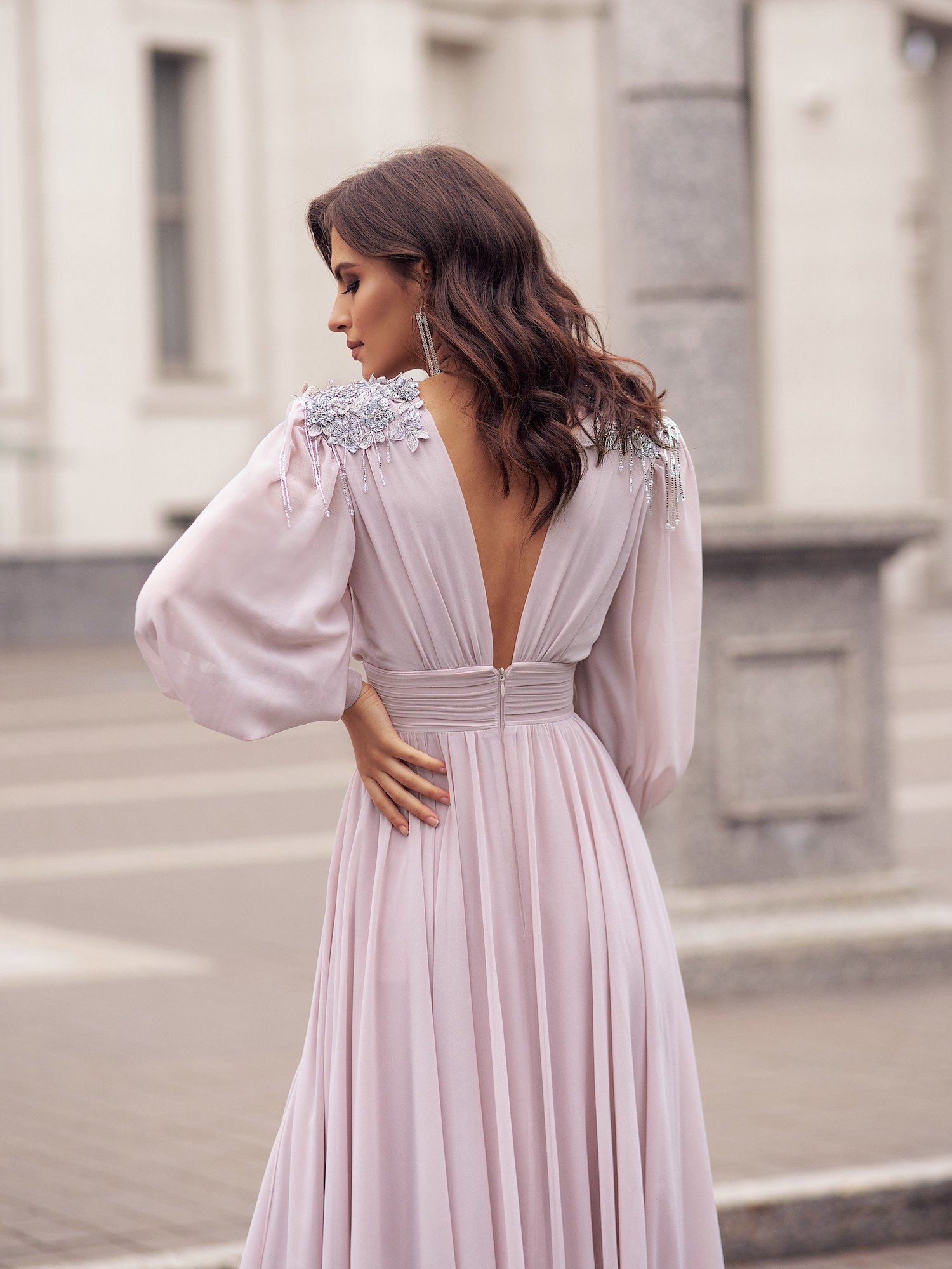 Papilio Pastel evening gown with bishop sleeves