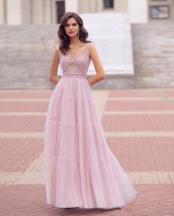 Trendy gown with pearl embellishments and tiered ruffled skirt