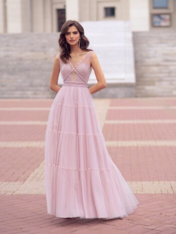 Trendy gown with pearl embellishments and tiered ruffled skirt