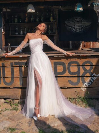 Wedding dress with slit and off-the-shoulder sleeves