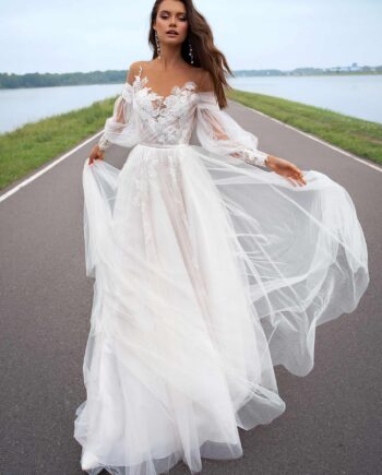 Wedding dress with off-the-shoulder bishop sleeves