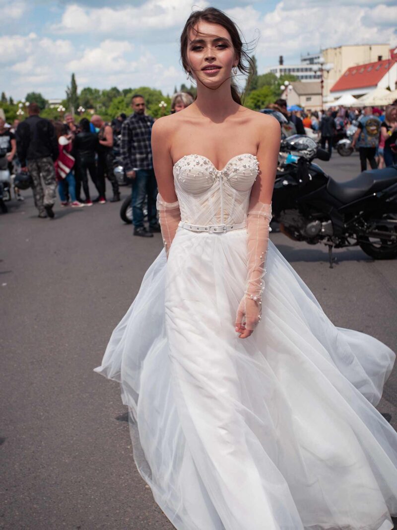 Ultra-modern wedding dress with pearl embellishments