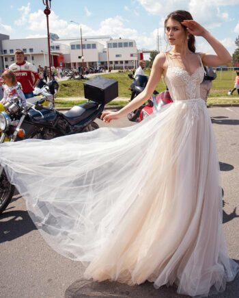 A-line wedding dress with spaghetti straps and embroidered lace