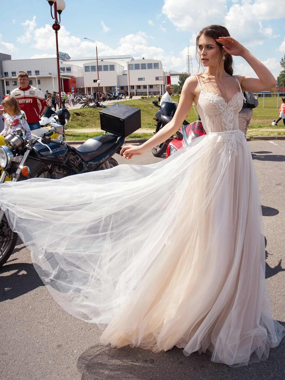 A-line wedding dress with spaghetti straps and embroidered lace