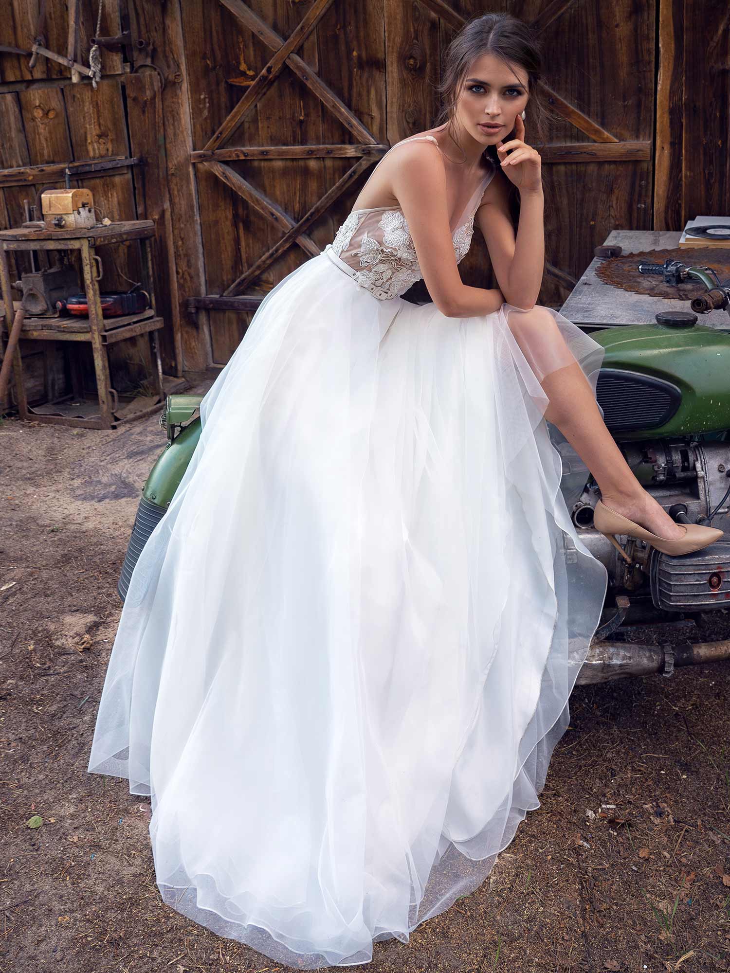 Modern Wedding Dress With Floral Applique And Low Back