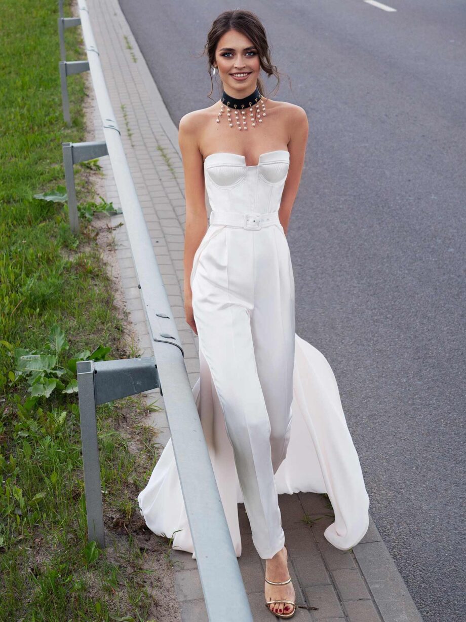 Ultra-modern wedding jumpsuit with attachable skirt