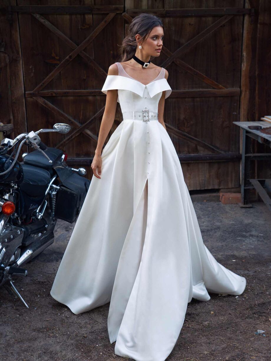 Modern wedding dress with slit up the leg