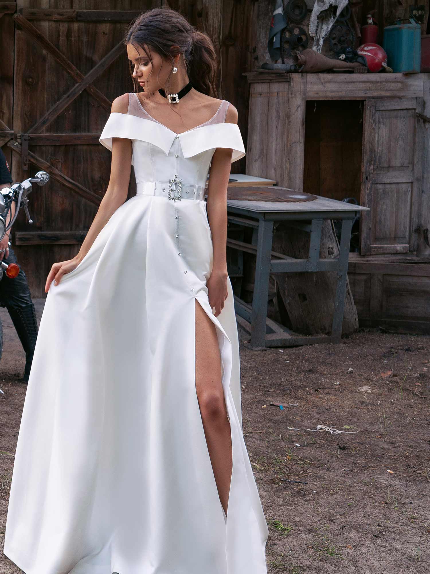 Modern wedding dress with slit up the leg