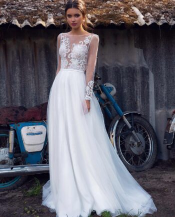 Illusion long-sleeved wedding dress with embroidery