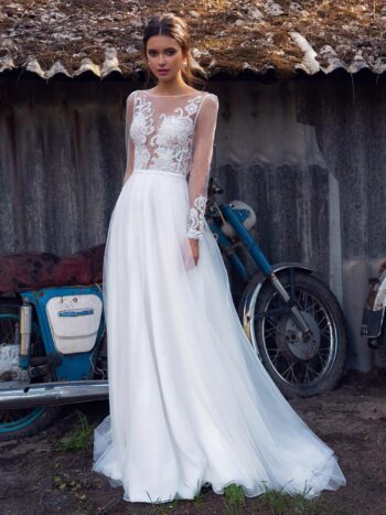 Illusion long-sleeved wedding dress with embroidery