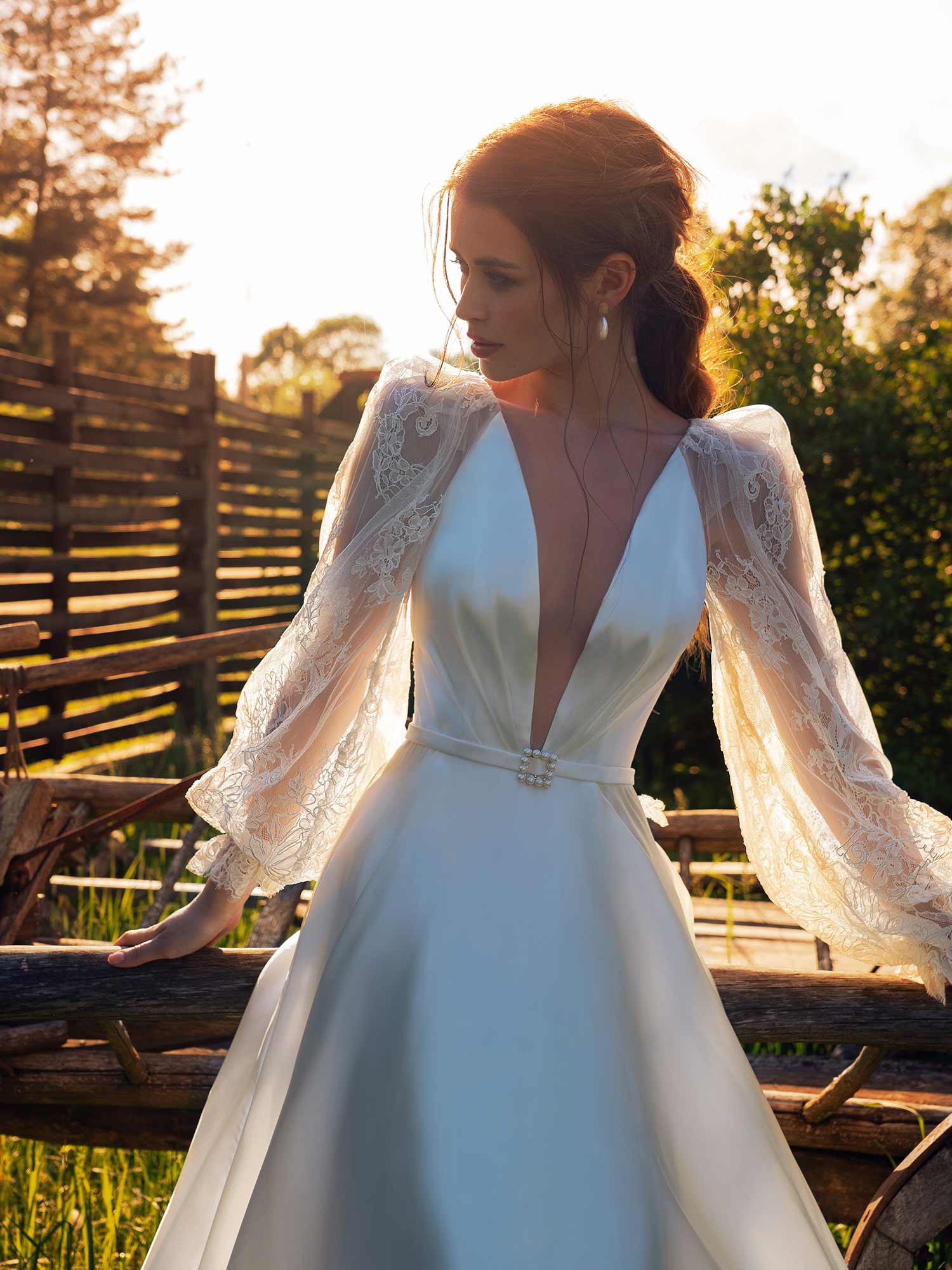 A line Wedding Dress With Lace Bishop Sleeves