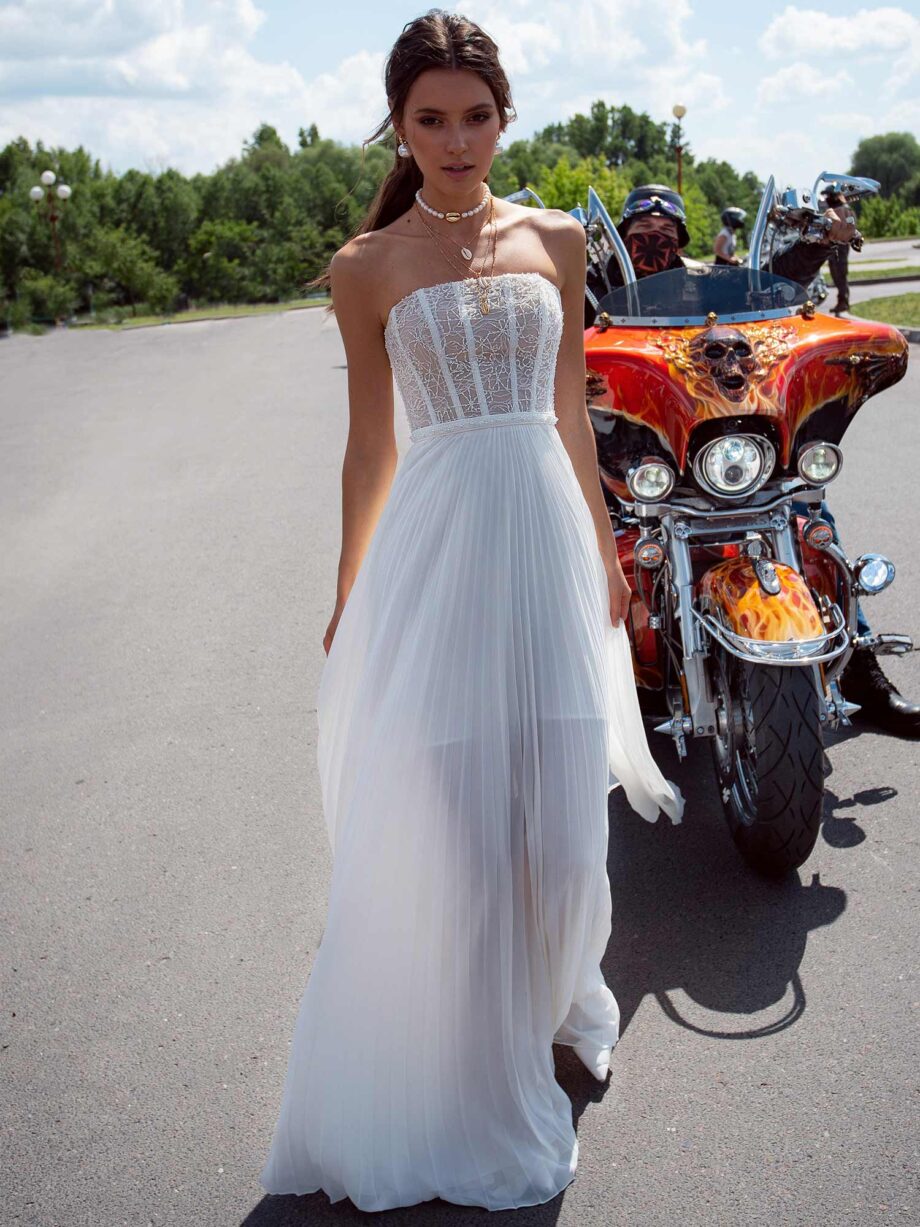 Simple modern wedding dress with strapless bodice