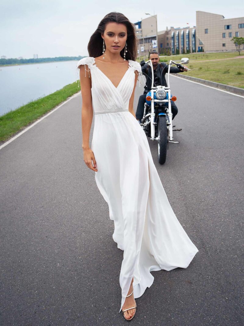Chiffon wedding dress with beading and embroidery