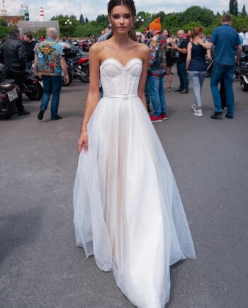 Strapless modern wedding dress with pearl beading