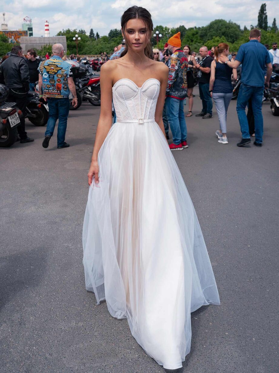 Strapless modern wedding dress with pearl beading