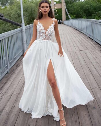 Sheath wedding gown with spaghetti straps and floral embroidery