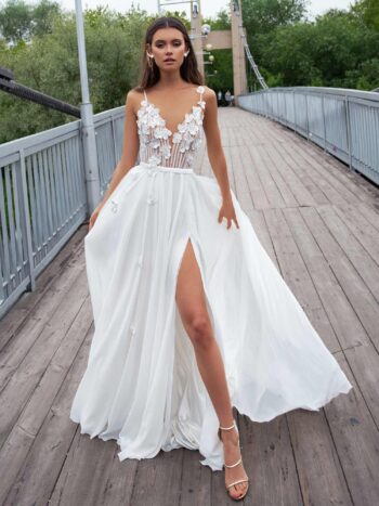 Sheath wedding gown with spaghetti straps and floral embroidery