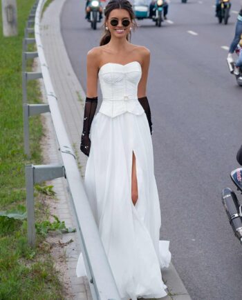 Simple wedding dress with dropped waist and pearl details