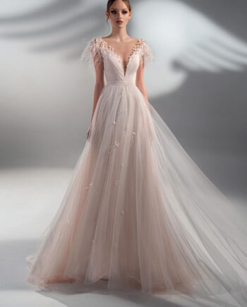 A-line wedding dress with feather decor and cup sleeves