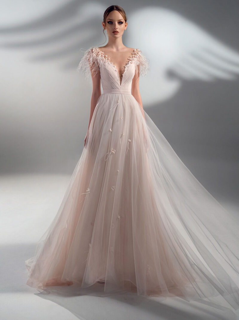 A-line wedding dress with feather decor and cup sleeves