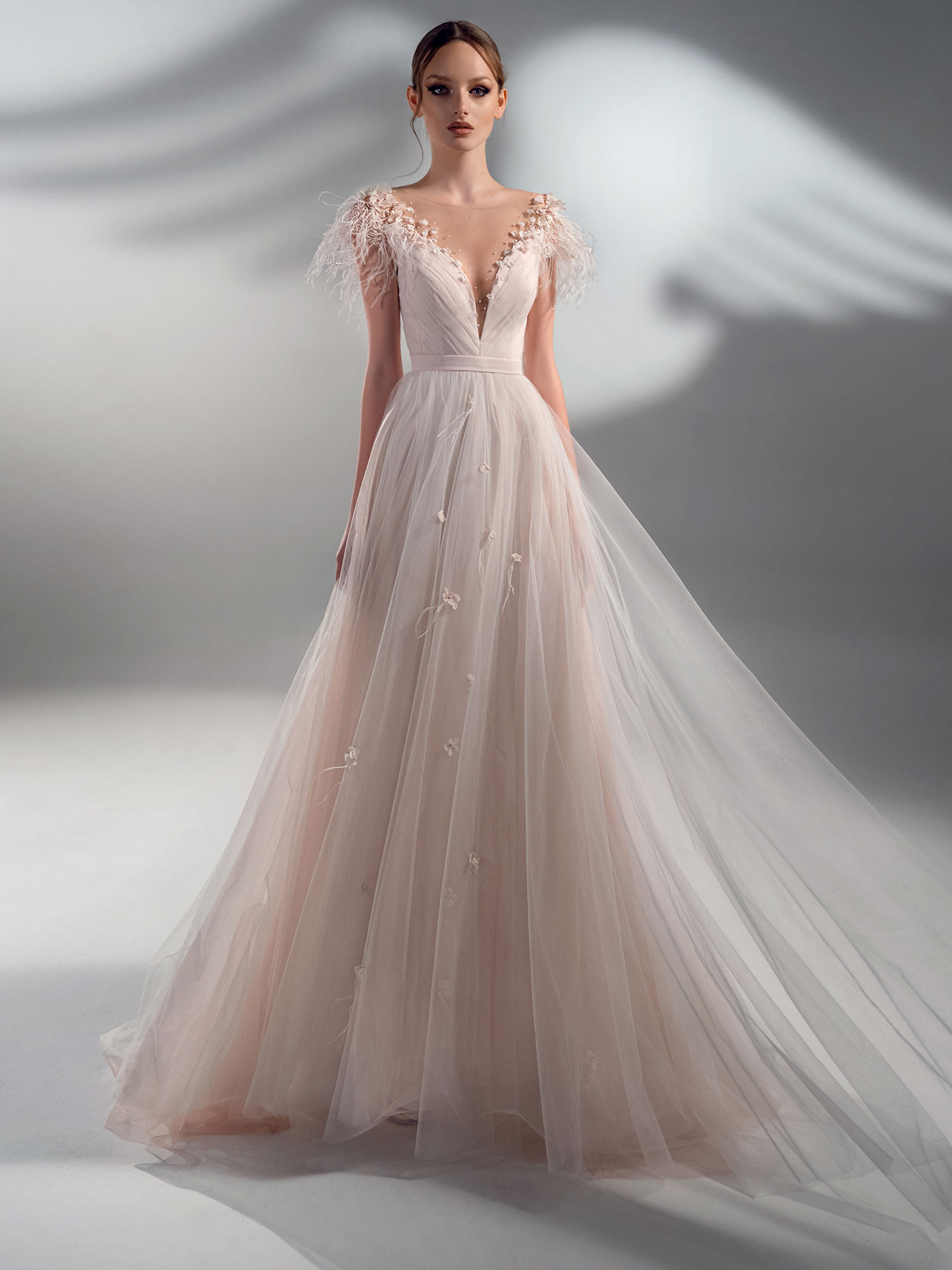 A line Wedding Dress With Feather Decor And Cup Sleeves