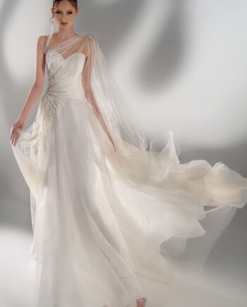 A-line wedding dress with one-shoulder cape sleeve