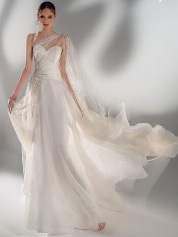 A-line wedding dress with one-shoulder cape sleeve