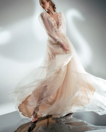 Puff sleeve A-line wedding dress with V-plunging neckline