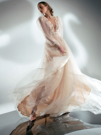 Puff sleeve A-line wedding dress with V-plunging neckline