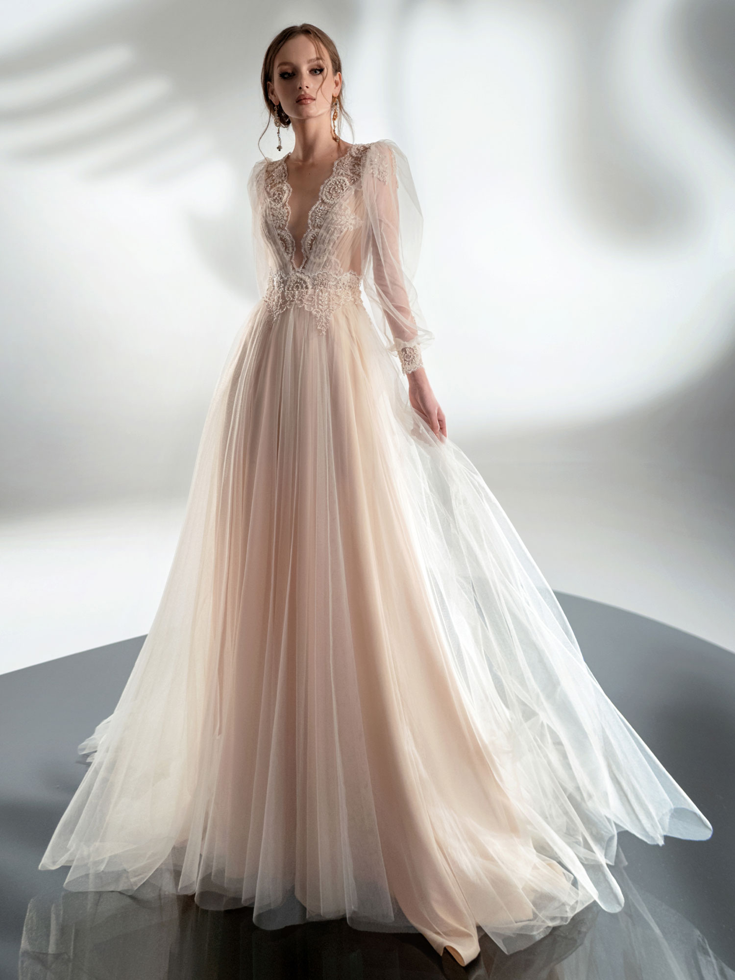 Puff Sleeve A line Wedding Dress With V plunging Neckline