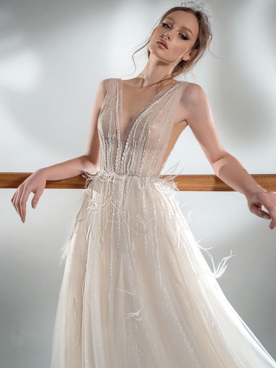 Sparkling A-line wedding dress with V-neckline