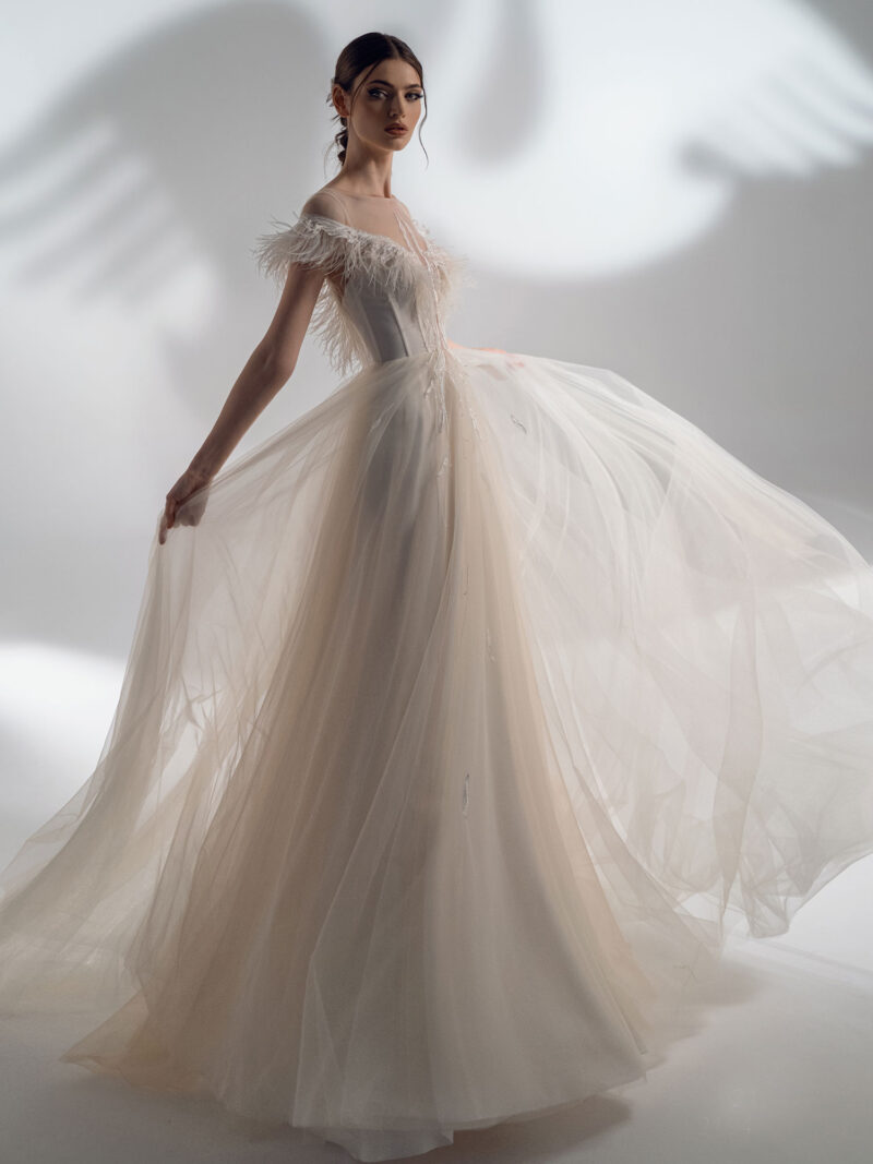 Off-the-shoulder A-line wedding dress with feather decor