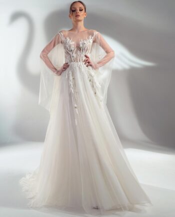 Cape sleeve A-line wedding dress with floral applique