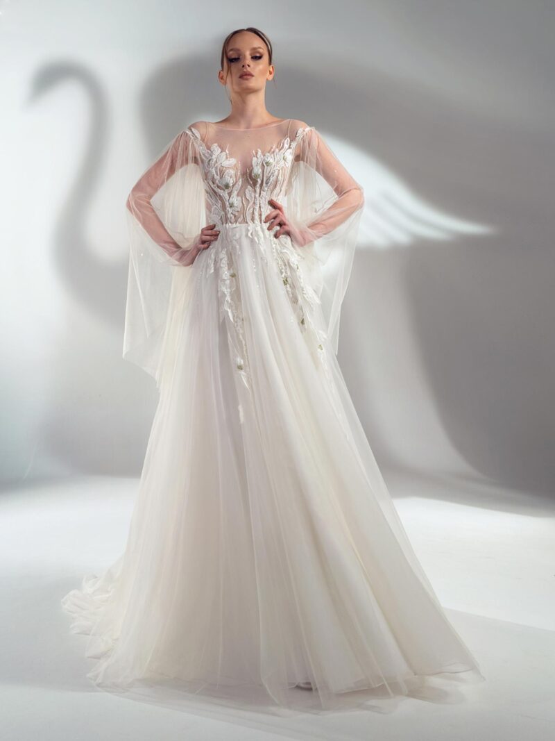 Cape sleeve A-line wedding dress with floral applique