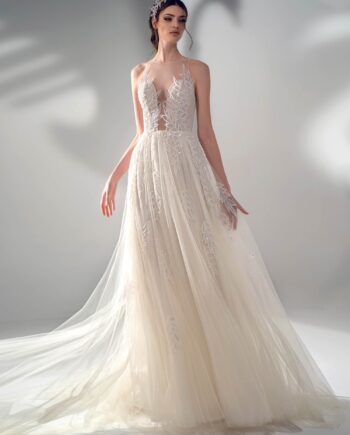 A-line wedding dress with illusion halter neckline and leaf embroidery