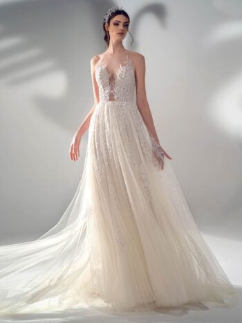 A-line wedding dress with illusion halter neckline and leaf embroidery