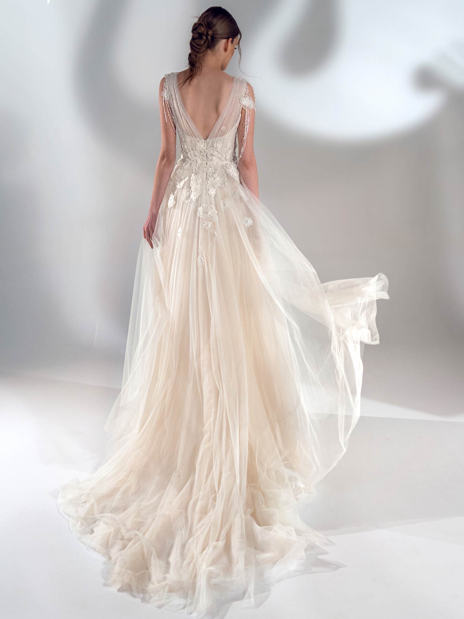 V-neck A-line wedding dress with 3D flowers