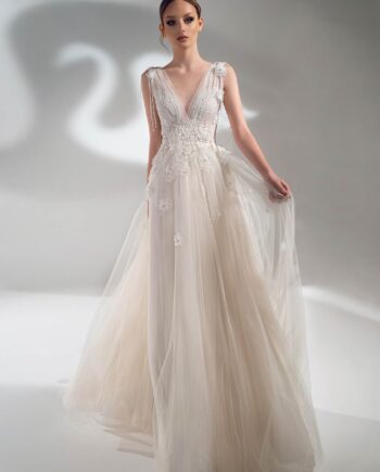 V-neck A-line wedding dress with 3D flowers