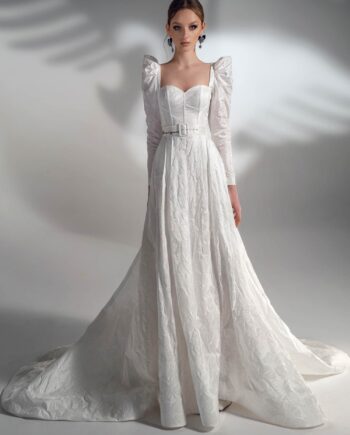 Jacquard A-line wedding dress with long sleeves