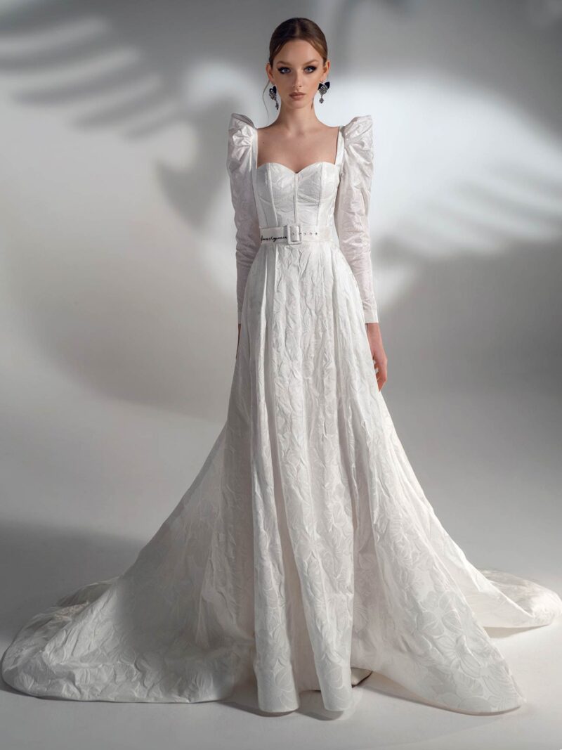 Jacquard A-line wedding dress with long sleeves