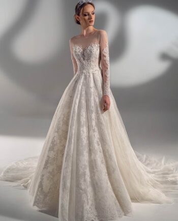 Beaded lace ball gown with long sleeves