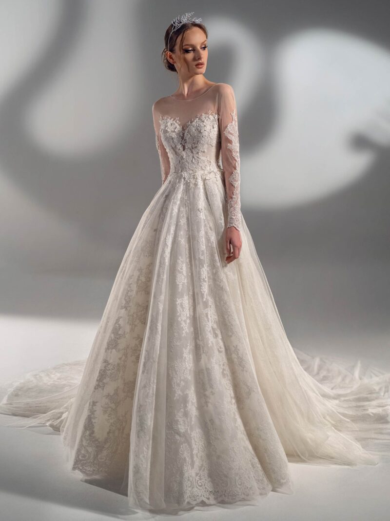 Beaded lace ball gown with long sleeves