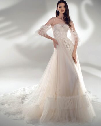 Three-quarter sleeve A-line wedding dress with ruffles