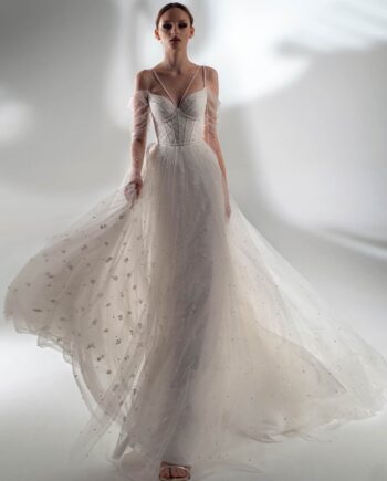 Off the shoulder sleeve A-line wedding dress with pearls